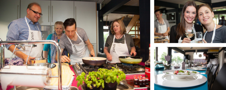 Eventmanager des TA Bildungszentrums kochen gemeinsam in der Erlebnisküche.