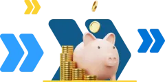 Sparschwein mit Münzstapeln und einfallender Münze