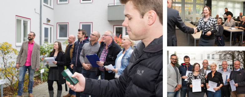 Praktische Übung im Unterricht: Die angehenden Sachverständigen vermessen ein Wohnobjekt auf dem Bildungscampus.